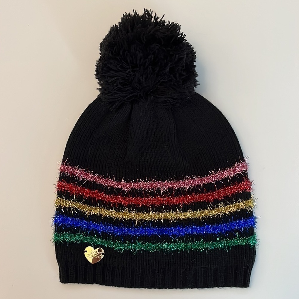 Betsey Johnson Rainbow Stripe Pom Pom Beanie